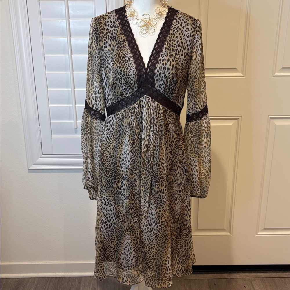 Y2K Nicole by Nicole Miller silk empire waist midi dress animal print lace trim